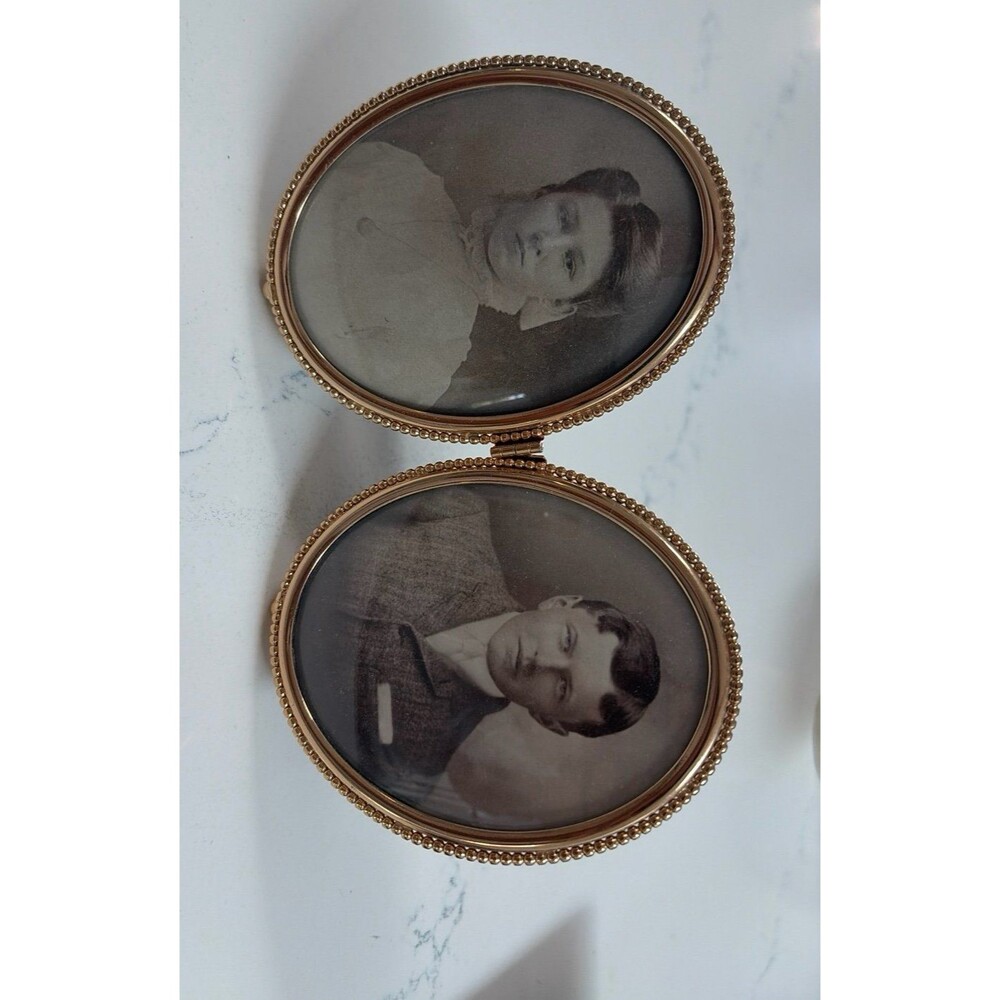 Vintage Gold-Tone Hinged Double Oval Picture Frames with Black & White Portraits